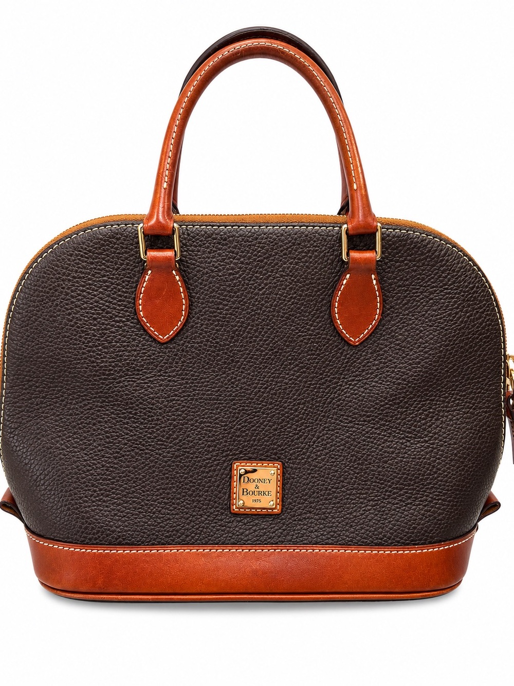 Dooney & Bourke Dark Brown Pebbled Leather Satchel with Cognac Trim